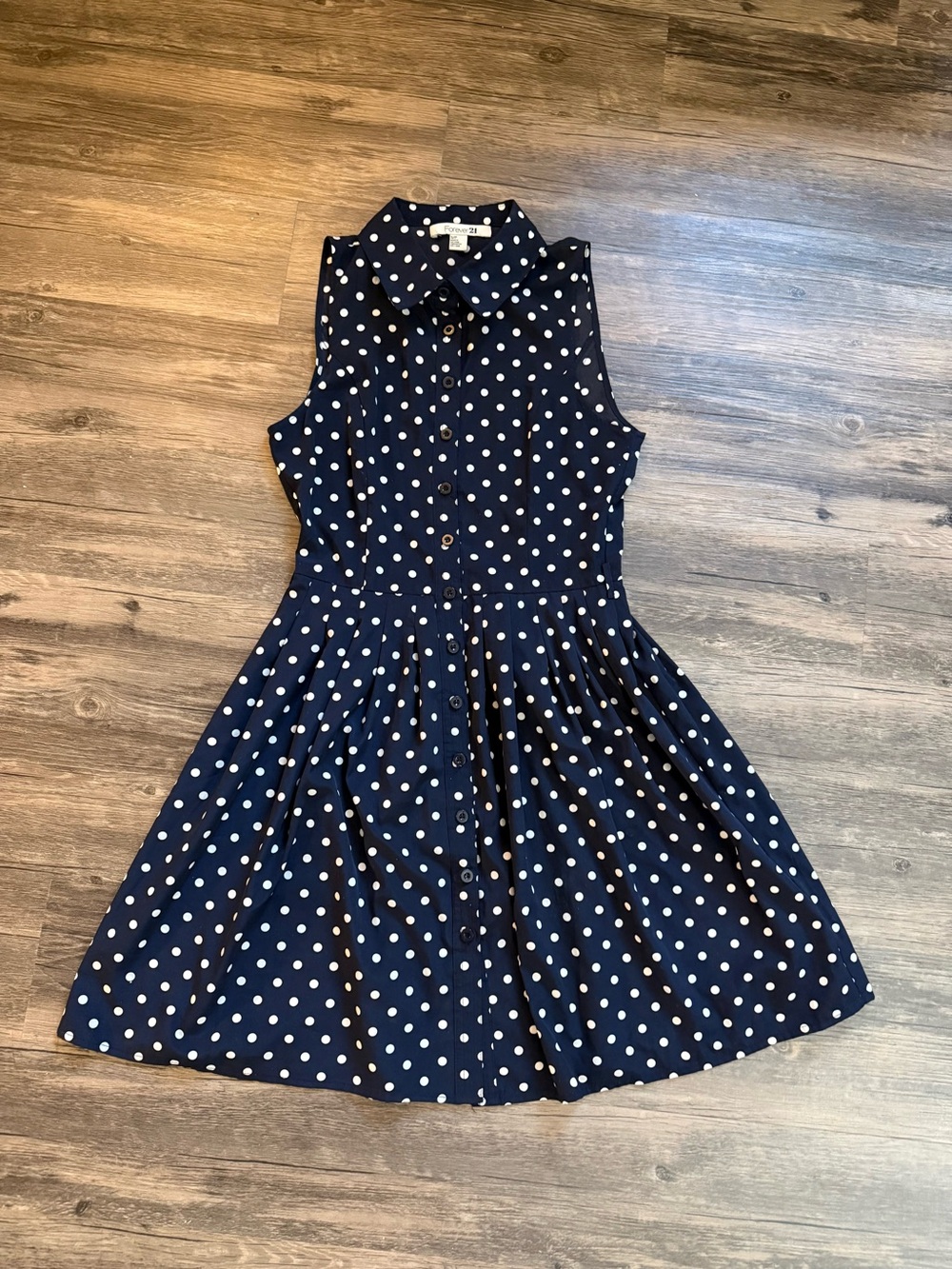 Sleeveless Navy Polka Dot Button-Front Dress